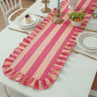 Ruffle Edge Striped Table Runner, 118x15.7 Inch, Pink White