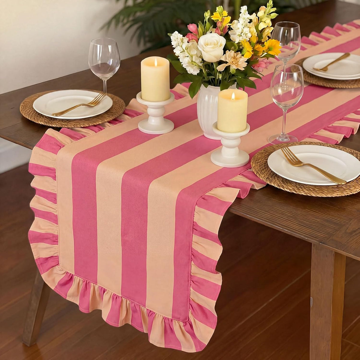 Ruffle Edge Striped Table Runner, 118x15.7 Inch, Pink White