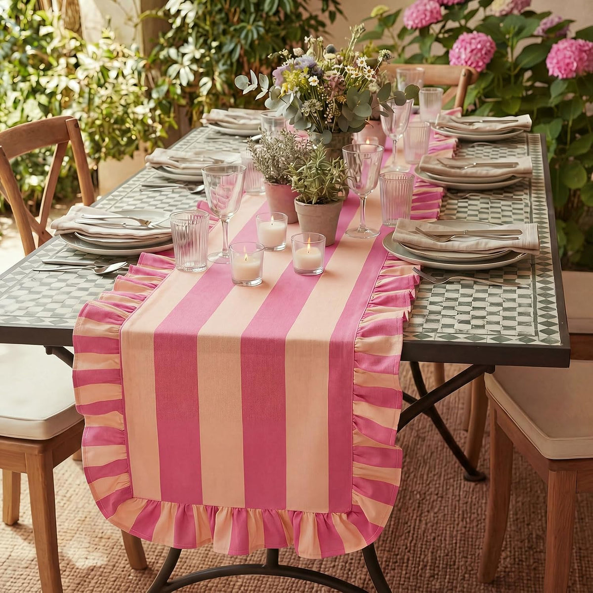 Ruffle Edge Striped Table Runner, 118x15.7 Inch, Pink White
