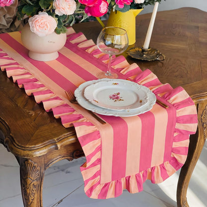 Ruffle Edge Striped Table Runner, 118x15.7 Inch, Pink White