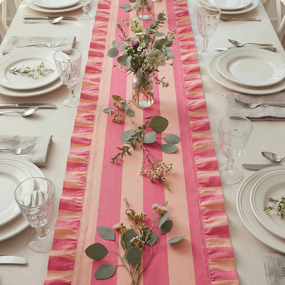 Ruffle Edge Striped Table Runner, 118x15.7 Inch, Pink White
