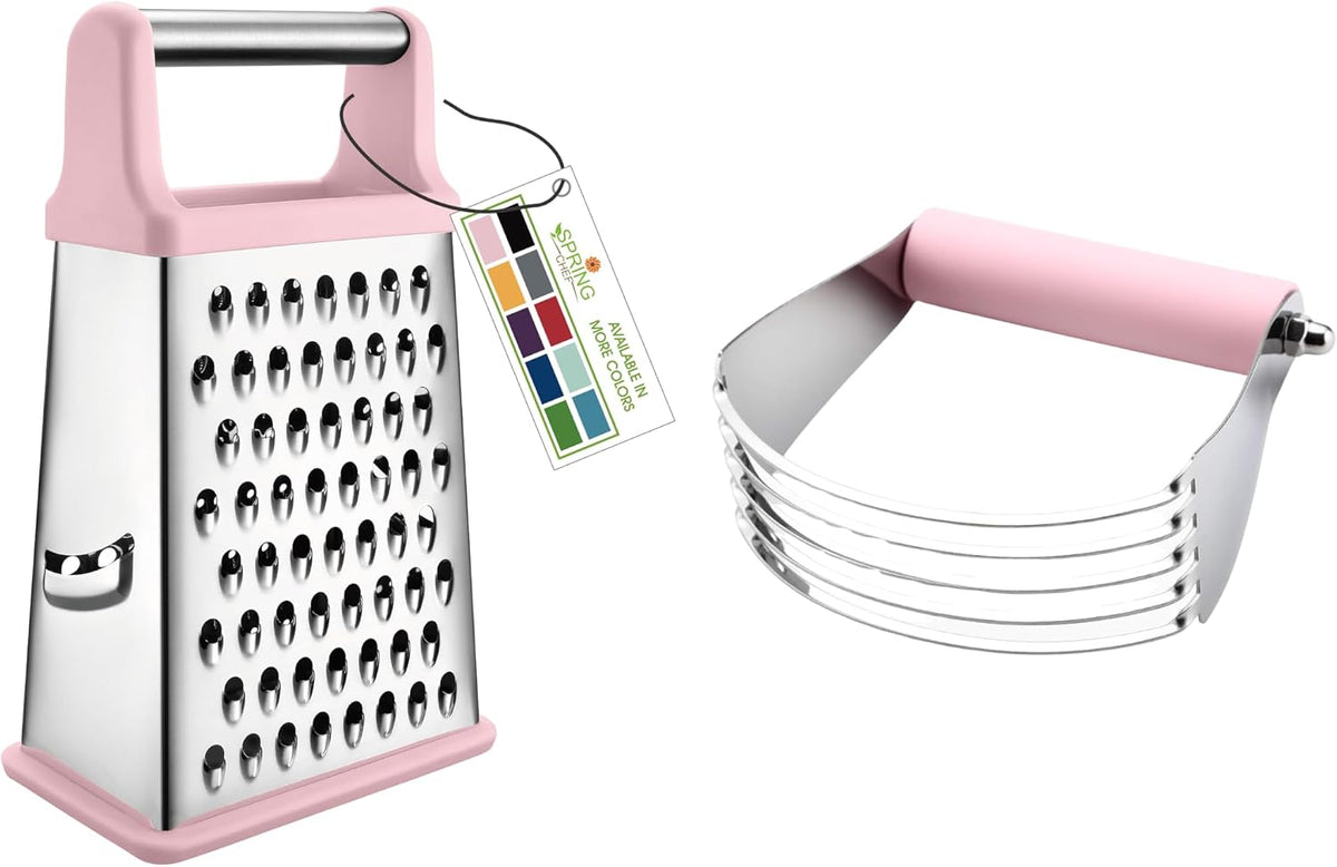 Stainless Steel XL Box Grater & Professional Large Dough Blender - 2 Product Bundle - Pink Lemonade