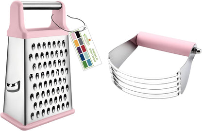 Stainless Steel XL Box Grater & Professional Large Dough Blender - 2 Product Bundle - Pink Lemonade
