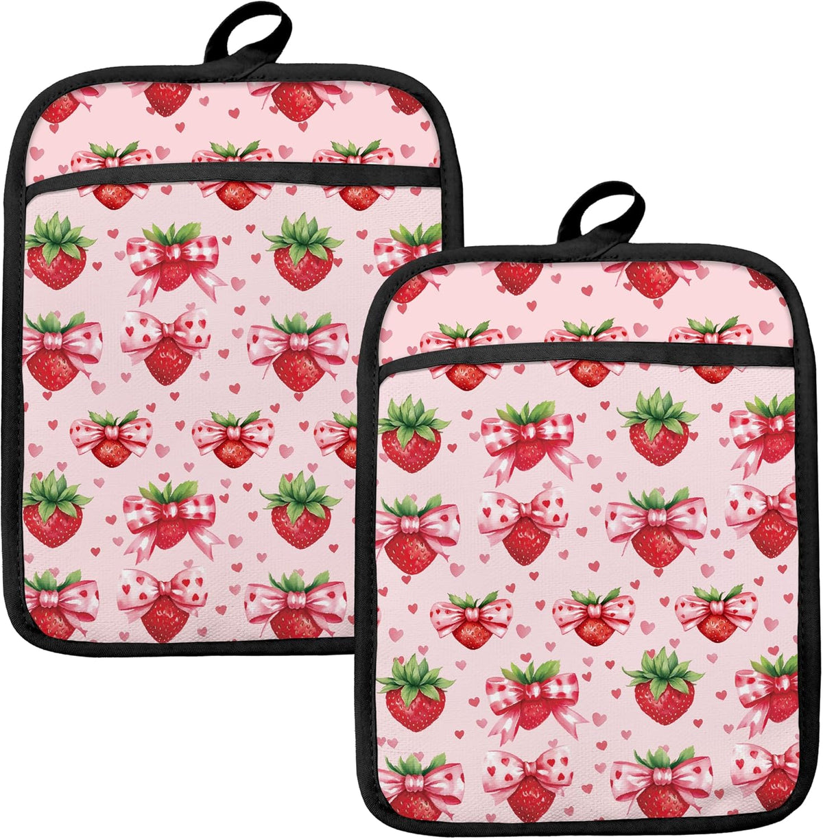 Pink Strawberry Oven Mitts Set, Coquette Pink Dots Bow Strawberry Heat Resistant Kitchen Oven Gloves for Baking and Cooking,Pot Holders