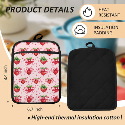 Pink Strawberry Oven Mitts Set, Coquette Pink Dots Bow Strawberry Heat Resistant Kitchen Oven Gloves for Baking and Cooking,Pot Holders