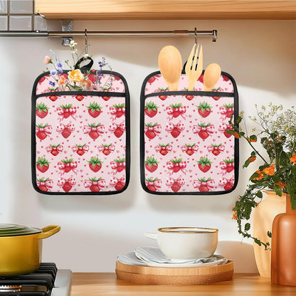 Pink Strawberry Oven Mitts Set, Coquette Pink Dots Bow Strawberry Heat Resistant Kitchen Oven Gloves for Baking and Cooking,Pot Holders