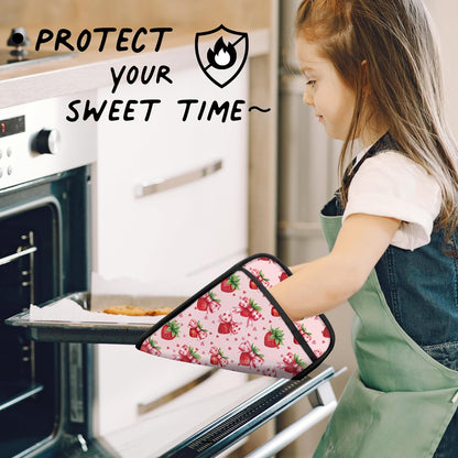 Pink Strawberry Oven Mitts Set, Coquette Pink Dots Bow Strawberry Heat Resistant Kitchen Oven Gloves for Baking and Cooking,Pot Holders