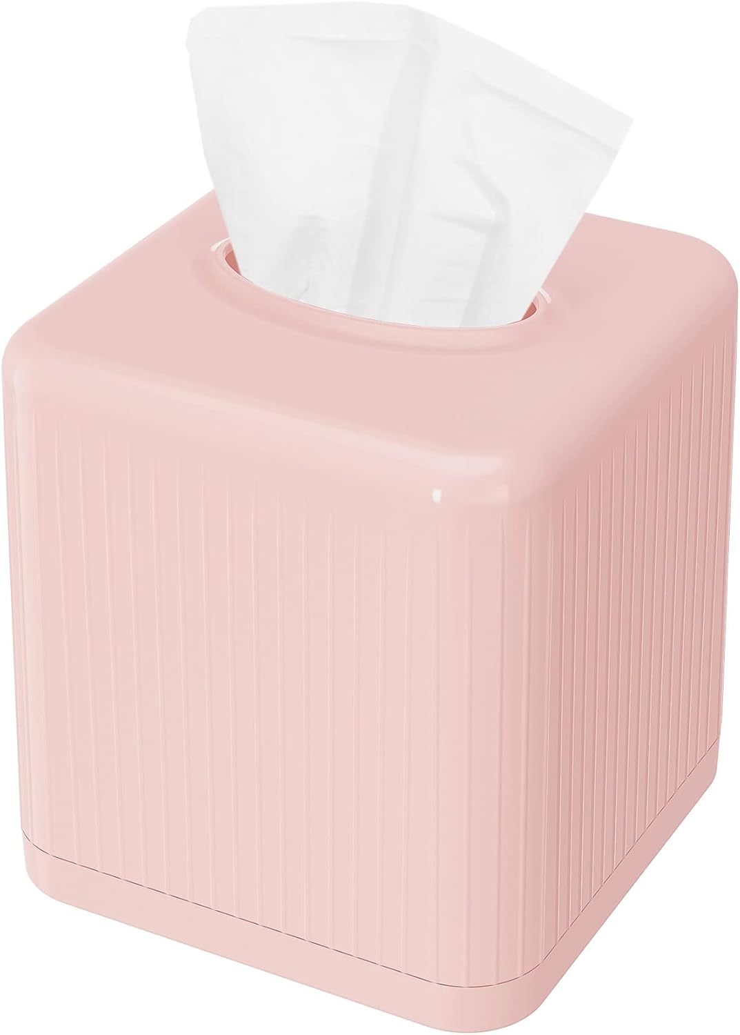 Tissue Box Cover with Base - Square Plastic Holder, Decorative Case, Modern Facial Paper Dispenser for Bathroom, Vanity Countertops, Night Stands, Desk - Pink