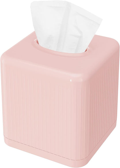 Tissue Box Cover with Base - Square Plastic Holder, Decorative Case, Modern Facial Paper Dispenser for Bathroom, Vanity Countertops, Night Stands, Desk - Pink