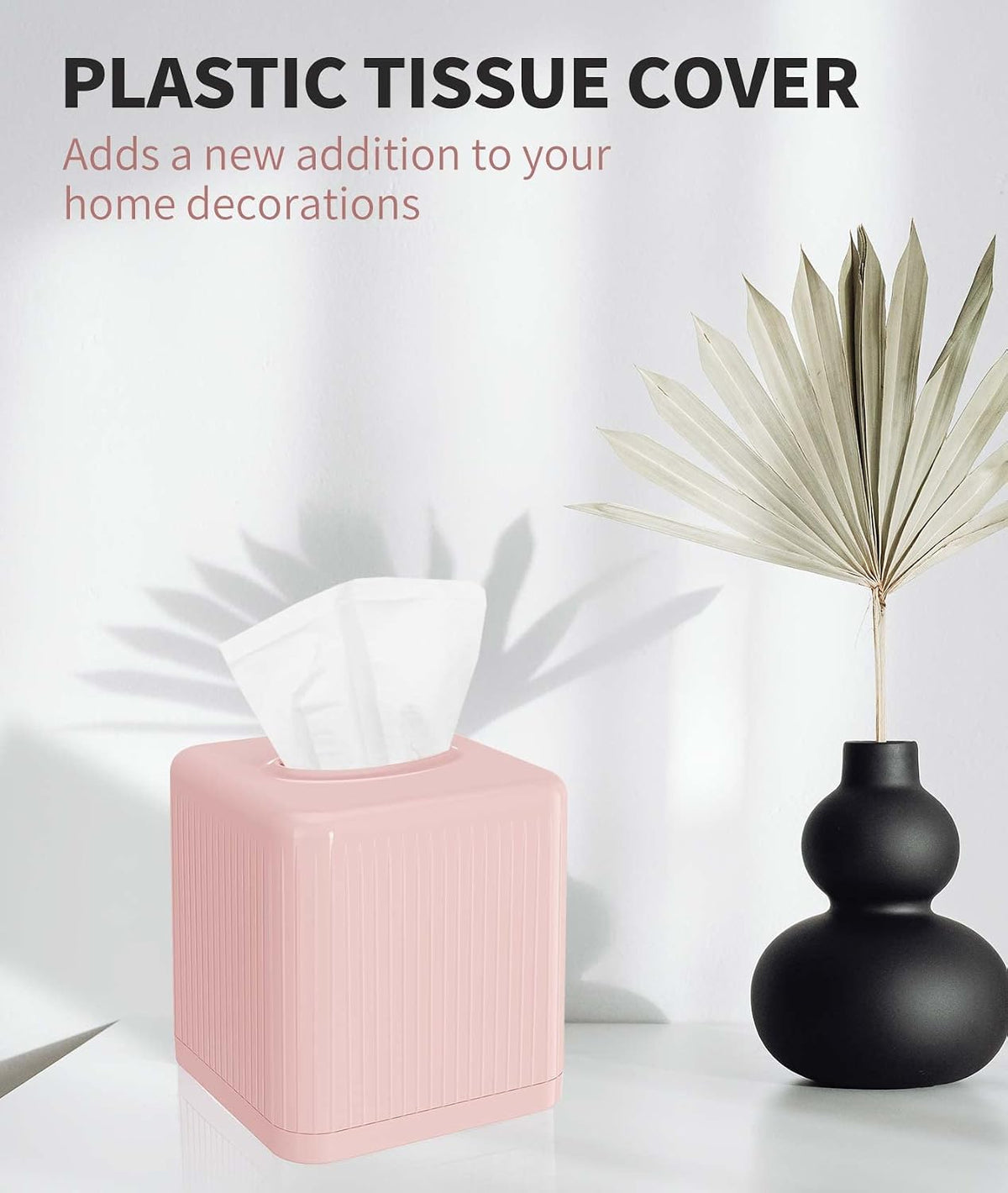 Tissue Box Cover with Base - Square Plastic Holder, Decorative Case, Modern Facial Paper Dispenser for Bathroom, Vanity Countertops, Night Stands, Desk - Pink