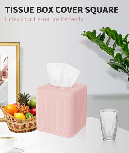Tissue Box Cover with Base - Square Plastic Holder, Decorative Case, Modern Facial Paper Dispenser for Bathroom, Vanity Countertops, Night Stands, Desk - Pink