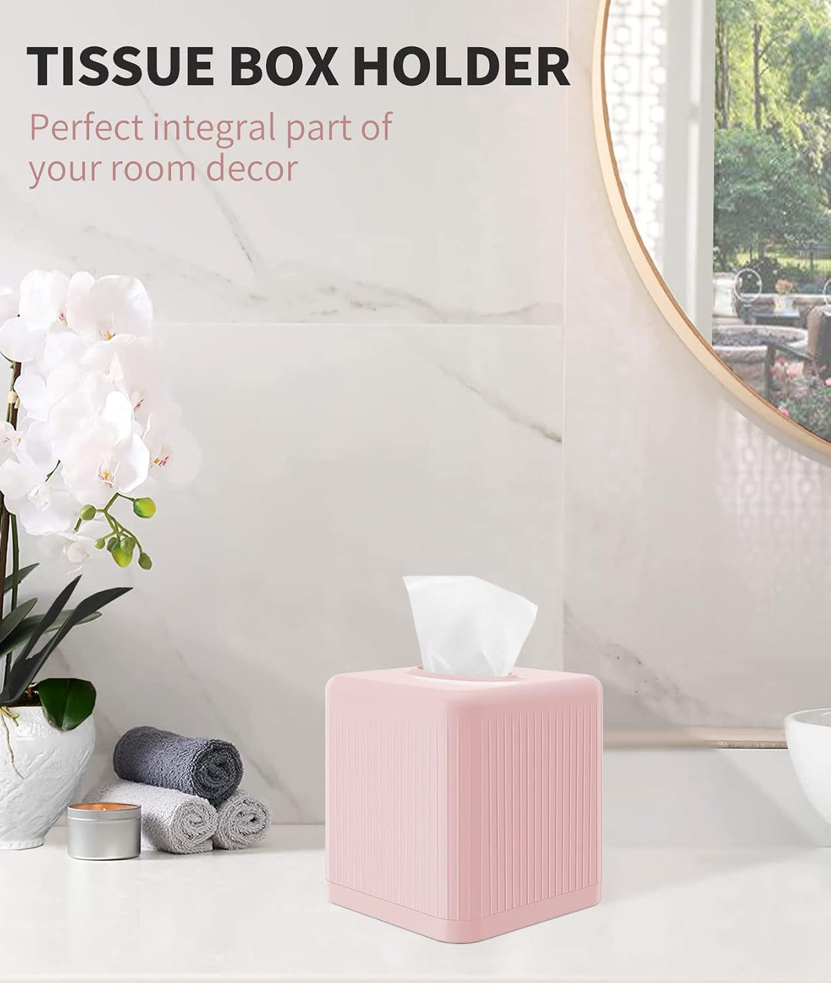 Tissue Box Cover with Base - Square Plastic Holder, Decorative Case, Modern Facial Paper Dispenser for Bathroom, Vanity Countertops, Night Stands, Desk - Pink