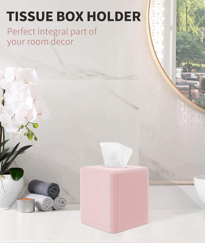 Tissue Box Cover with Base - Square Plastic Holder, Decorative Case, Modern Facial Paper Dispenser for Bathroom, Vanity Countertops, Night Stands, Desk - Pink