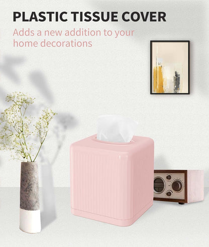 Tissue Box Cover with Base - Square Plastic Holder, Decorative Case, Modern Facial Paper Dispenser for Bathroom, Vanity Countertops, Night Stands, Desk - Pink