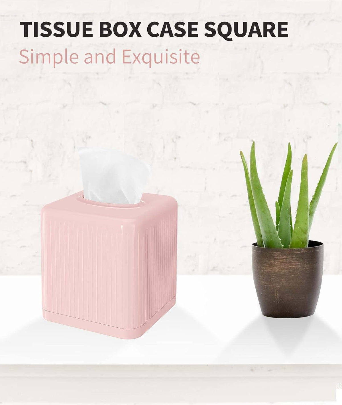 Tissue Box Cover with Base - Square Plastic Holder, Decorative Case, Modern Facial Paper Dispenser for Bathroom, Vanity Countertops, Night Stands, Desk - Pink