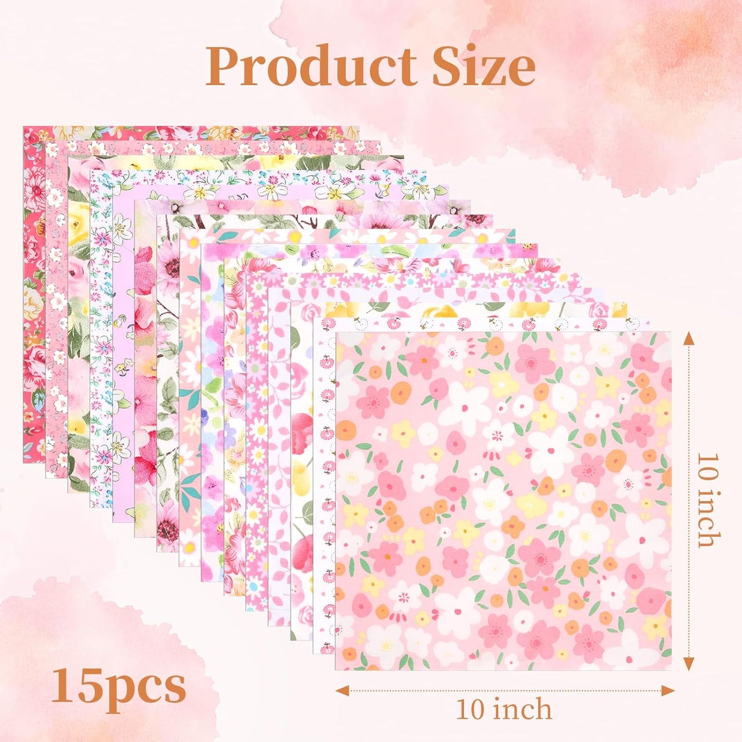 15pcs 10"x10" Floral Cotton Fabric,Quilt Patchwork Material for Sewing(Pink)