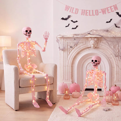 2 Pcs 40" Pink Skeleton Halloween Decoration LED Light up Posable