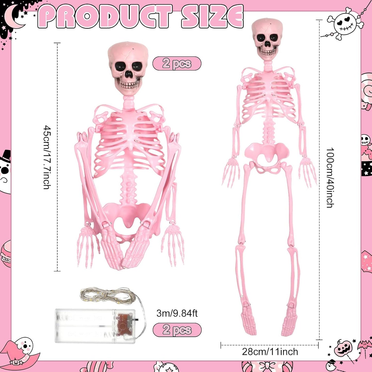 2 Pcs 40" Pink Skeleton Halloween Decoration LED Light up Posable