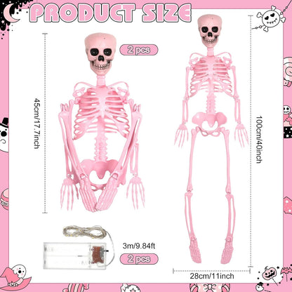 2 Pcs 40" Pink Skeleton Halloween Decoration LED Light up Posable