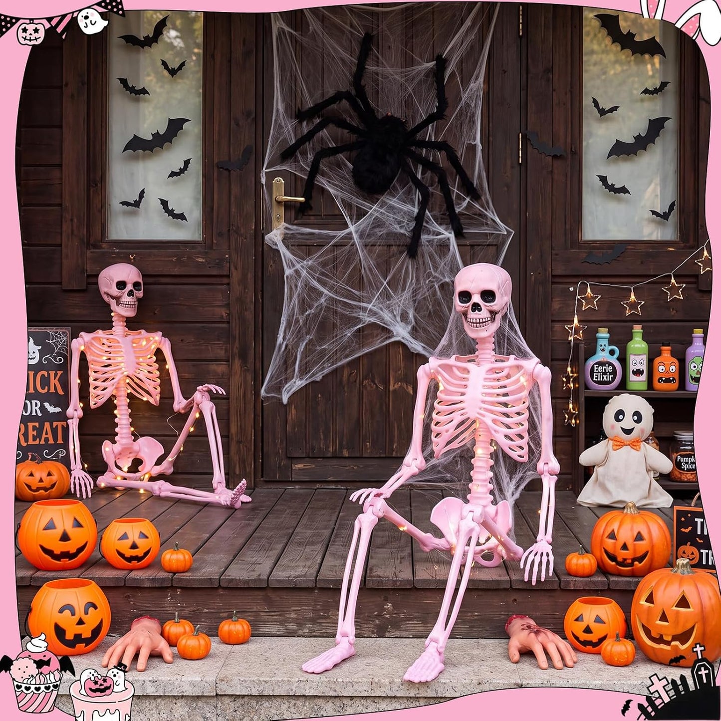 2 Pcs 40" Pink Skeleton Halloween Decoration LED Light up Posable