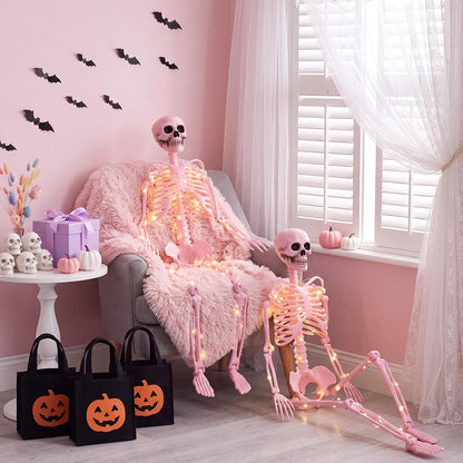 2 Pcs 40" Pink Skeleton Halloween Decoration LED Light up Posable