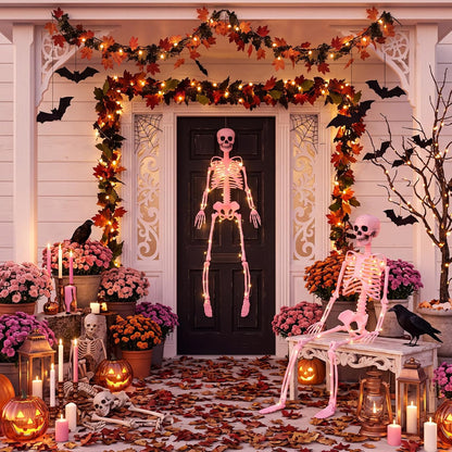 2 Pcs 40" Pink Skeleton Halloween Decoration LED Light up Posable
