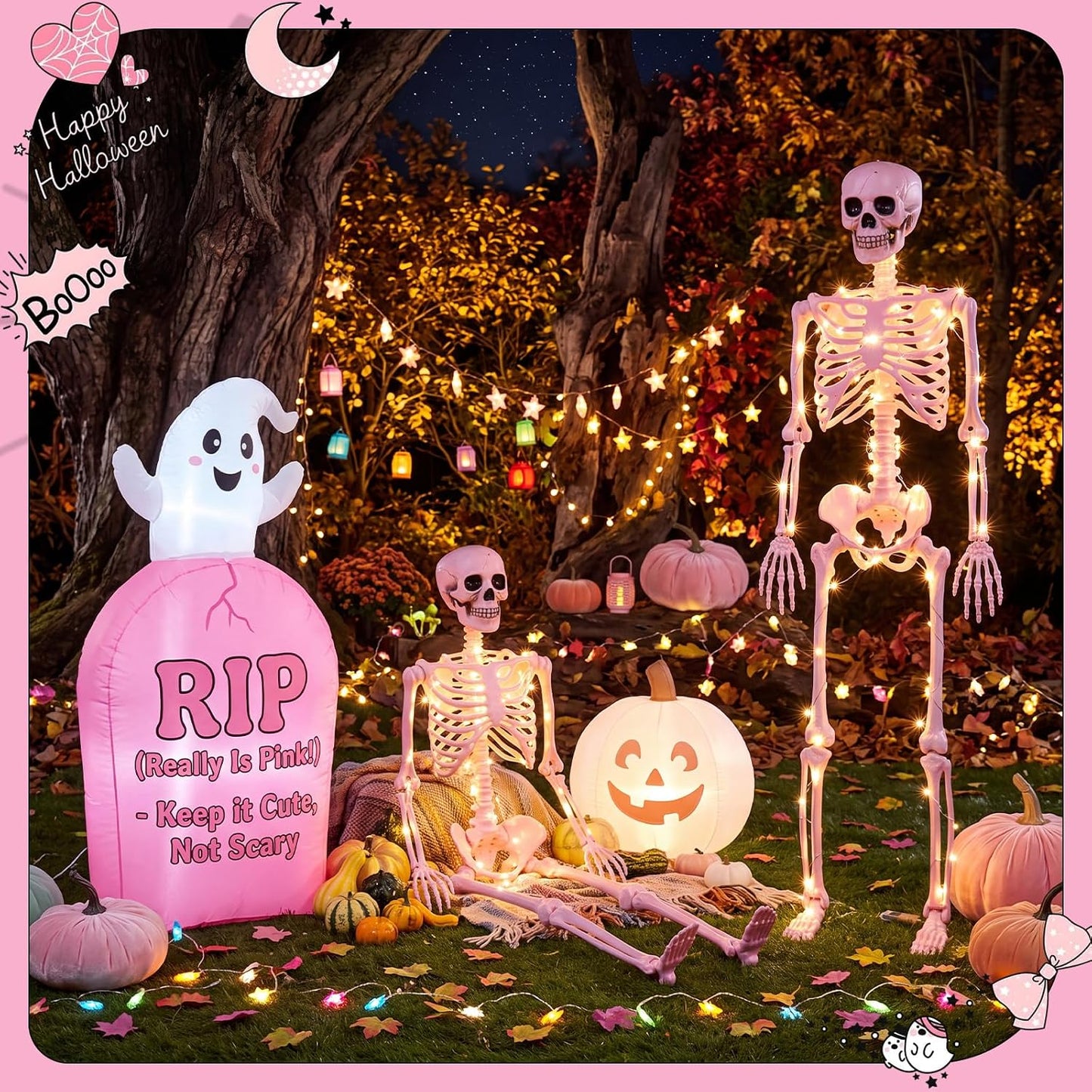 2 Pcs 40" Pink Skeleton Halloween Decoration LED Light up Posable