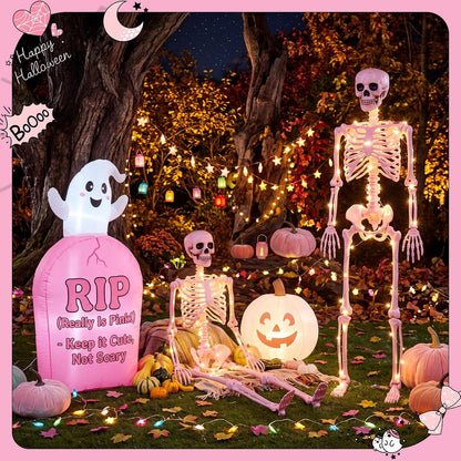 2 Pcs 40" Pink Skeleton Halloween Decoration LED Light up Posable