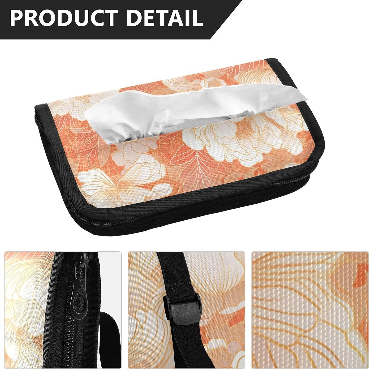 Hanging tissue holder for car visor napkin visor holder with Adjustable straps & zipper Refillable auto tissue dispenser for vehicle Chinese Style Floral Peach Gold