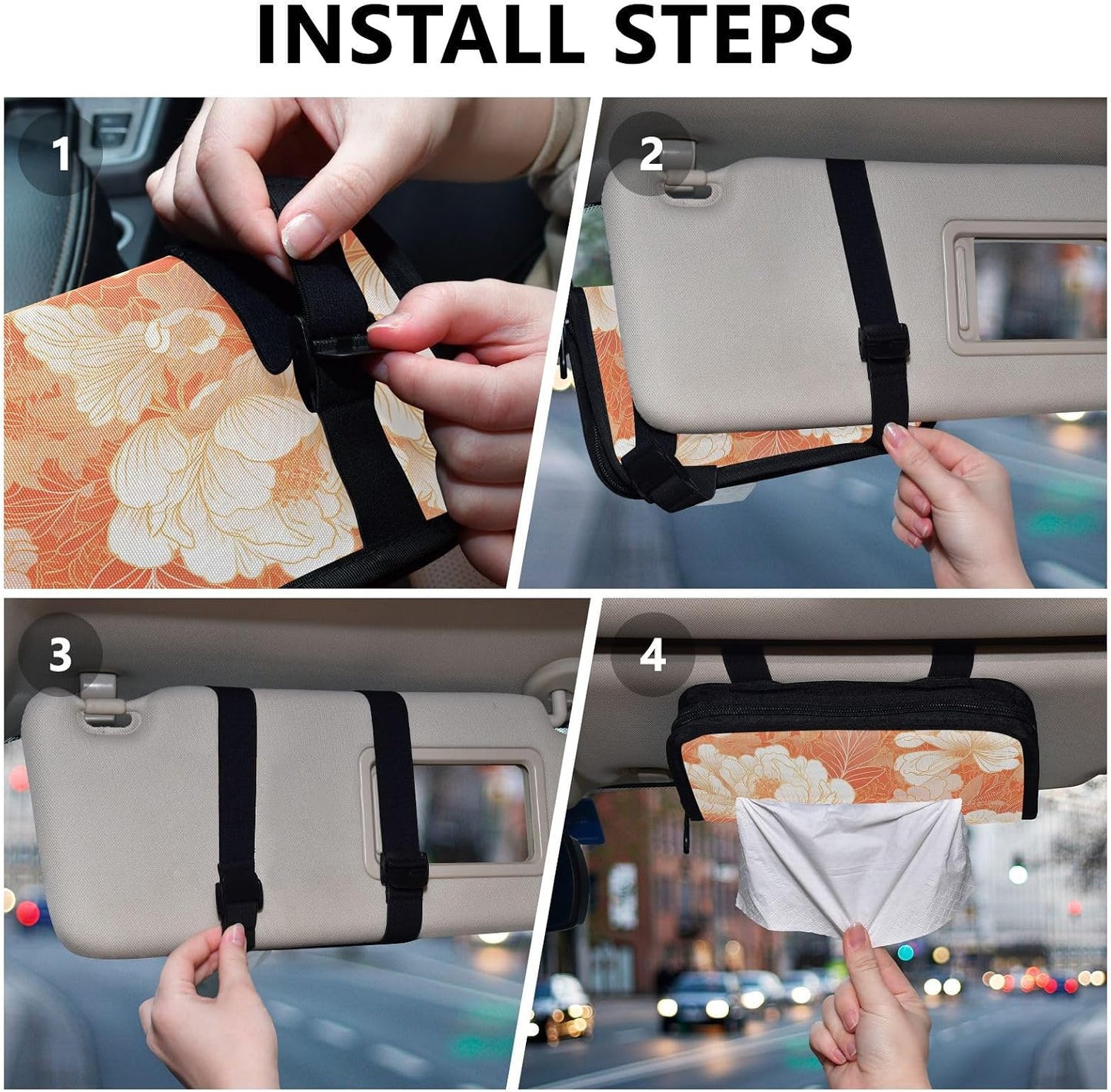 Hanging tissue holder for car visor napkin visor holder with Adjustable straps & zipper Refillable auto tissue dispenser for vehicle Chinese Style Floral Peach Gold