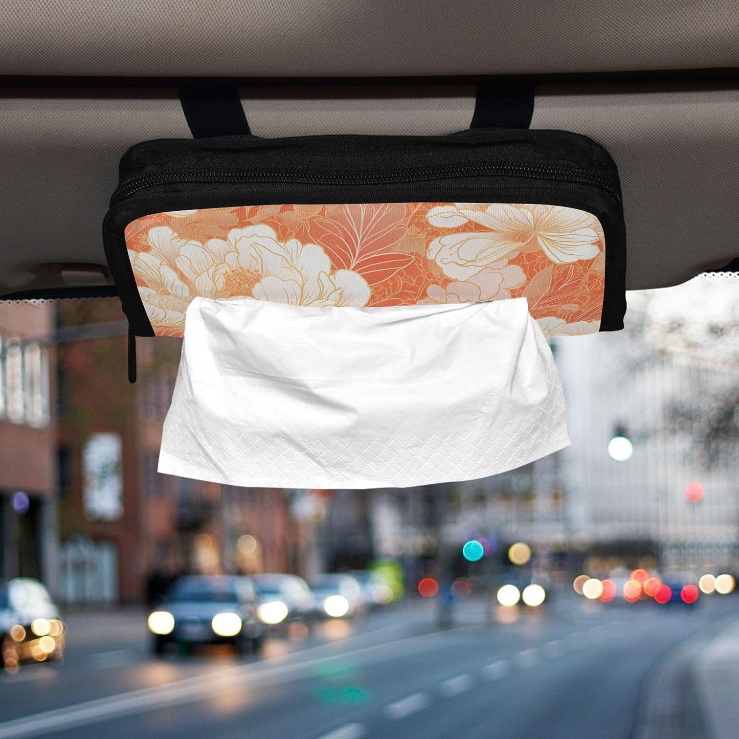 Hanging tissue holder for car visor napkin visor holder with Adjustable straps & zipper Refillable auto tissue dispenser for vehicle Chinese Style Floral Peach Gold