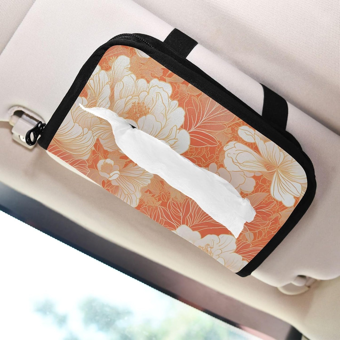 Hanging tissue holder for car visor napkin visor holder with Adjustable straps & zipper Refillable auto tissue dispenser for vehicle Chinese Style Floral Peach Gold