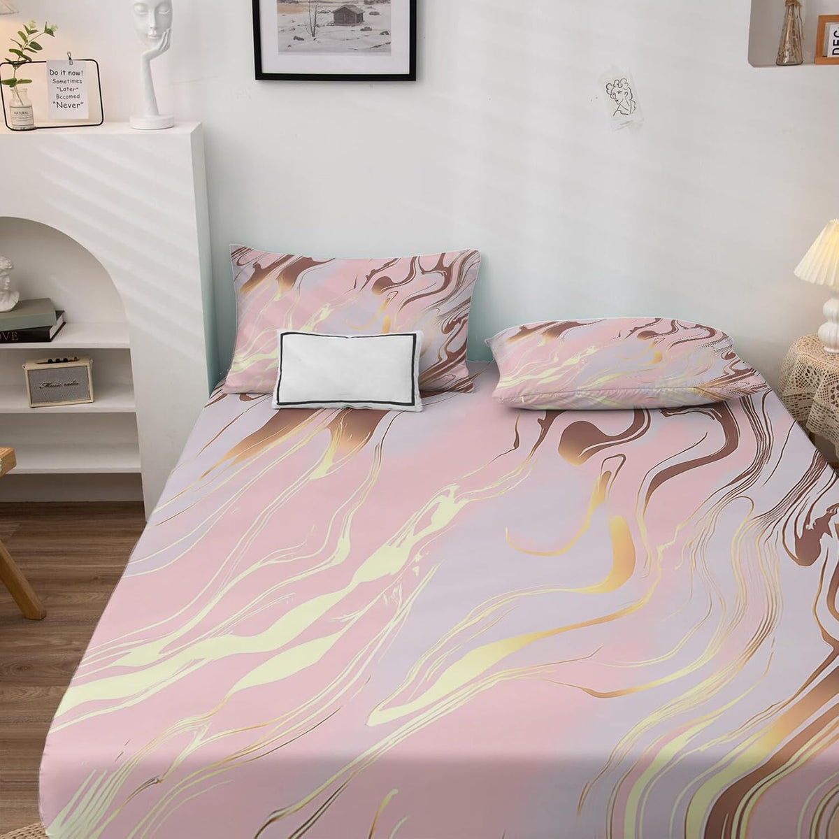 Marble Sheets - Full Sheet Set - Pink and Gold Modern Abstract Bed Sheet, Soft Microfiber & Deep Pocket & Long Lasting Patterned Bedding Sheets & Pillowcases - Marble Gifts & Decor