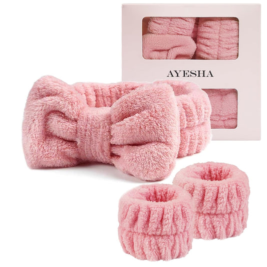 Spa Headband and Wristband Set for Skincare Washing Face,Makeup Headband Wrist Cuffs for Preppy Skincare Women Girl (Pink set)