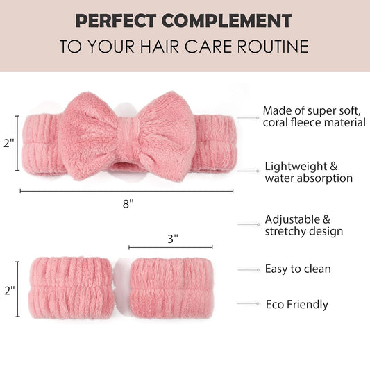 Spa Headband and Wristband Set for Skincare Washing Face,Makeup Headband Wrist Cuffs for Preppy Skincare Women Girl (Pink set)