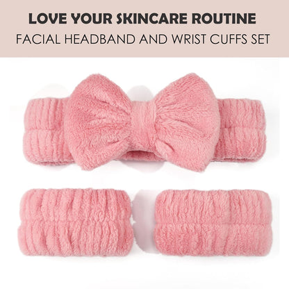 Spa Headband and Wristband Set for Skincare Washing Face,Makeup Headband Wrist Cuffs for Preppy Skincare Women Girl (Pink set)