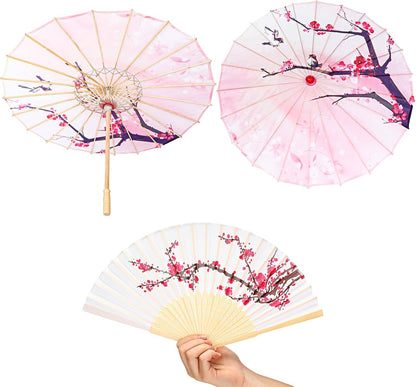 2 Pcs Cherry Blossom Decor Set Blue Floral Umbrella Fan,Pink Flower
