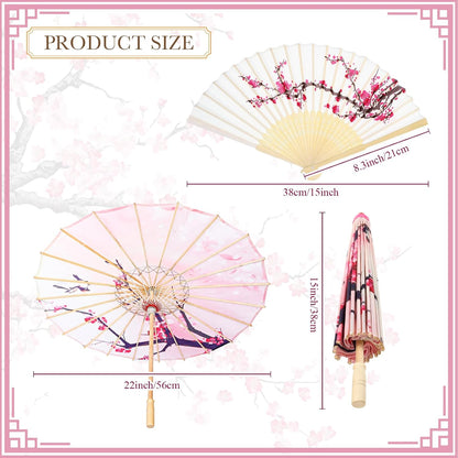 2 Pcs Cherry Blossom Decor Set Blue Floral Umbrella Fan,Pink Flower