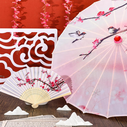 2 Pcs Cherry Blossom Decor Set Blue Floral Umbrella Fan,Pink Flower