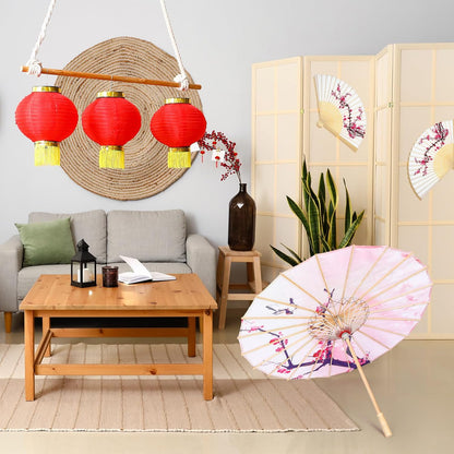 2 Pcs Cherry Blossom Decor Set Blue Floral Umbrella Fan,Pink Flower