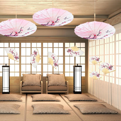 2 Pcs Cherry Blossom Decor Set Blue Floral Umbrella Fan,Pink Flower