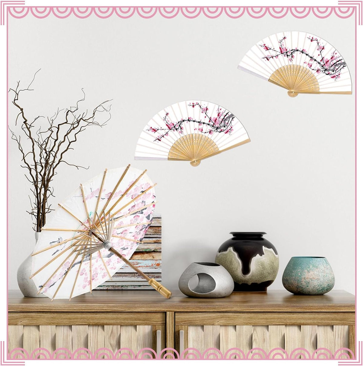 2 Pcs Cherry Blossom Decor Set Blue Floral Umbrella Fan,Pink Flower