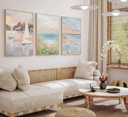 3pcs Pink Beach Wall Art Coastal Wall Decor Unframed 12x16 inch