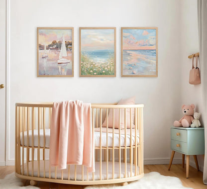 3pcs Pink Beach Wall Art Coastal Wall Decor Unframed 12x16 inch
