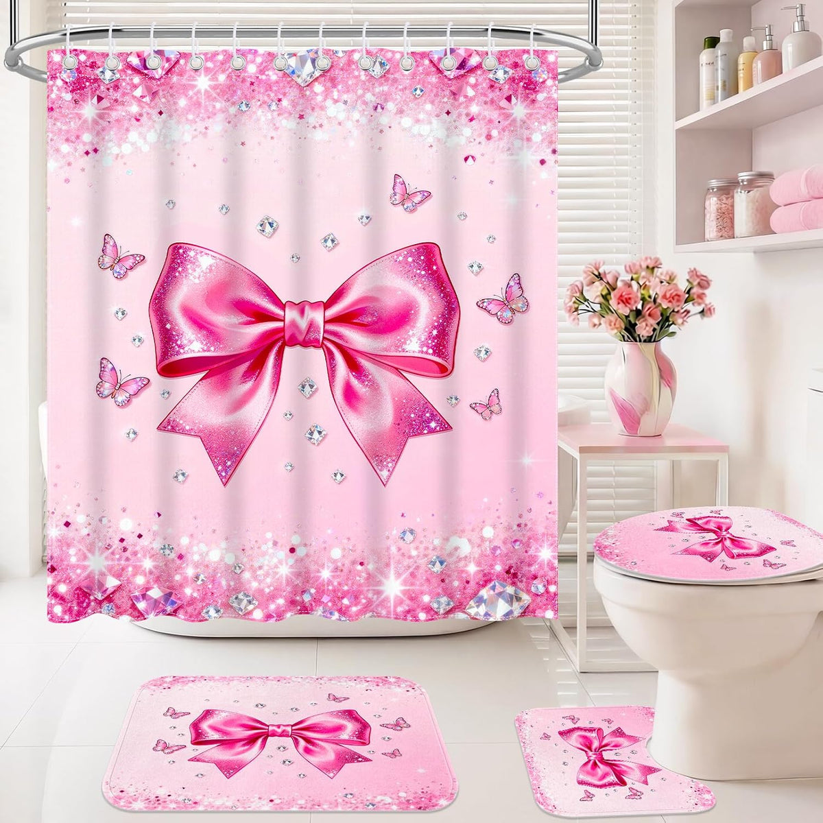 4Pcs Pink Bow Shower Curtain Sets, Bathroom Sets with Shower Curtain, Non-Slip Rugs, Toilet Lid Cover and Bath Mat, Pink Glitter Diamond Shower Curtain with 12 Hooks for Bathroom Set Decor