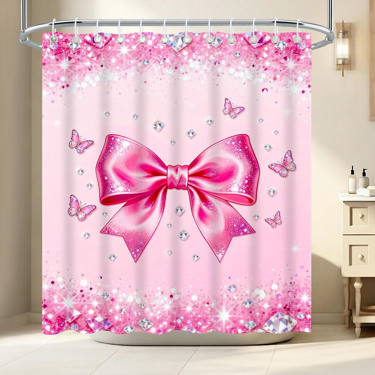 4Pcs Pink Bow Shower Curtain Sets, Bathroom Sets with Shower Curtain, Non-Slip Rugs, Toilet Lid Cover and Bath Mat, Pink Glitter Diamond Shower Curtain with 12 Hooks for Bathroom Set Decor