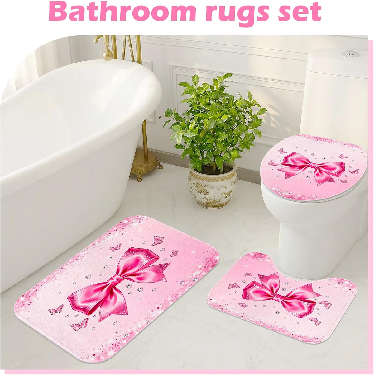 4Pcs Pink Bow Shower Curtain Sets, Bathroom Sets with Shower Curtain, Non-Slip Rugs, Toilet Lid Cover and Bath Mat, Pink Glitter Diamond Shower Curtain with 12 Hooks for Bathroom Set Decor