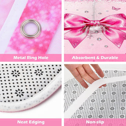 4Pcs Pink Bow Shower Curtain Sets, Bathroom Sets with Shower Curtain, Non-Slip Rugs, Toilet Lid Cover and Bath Mat, Pink Glitter Diamond Shower Curtain with 12 Hooks for Bathroom Set Decor