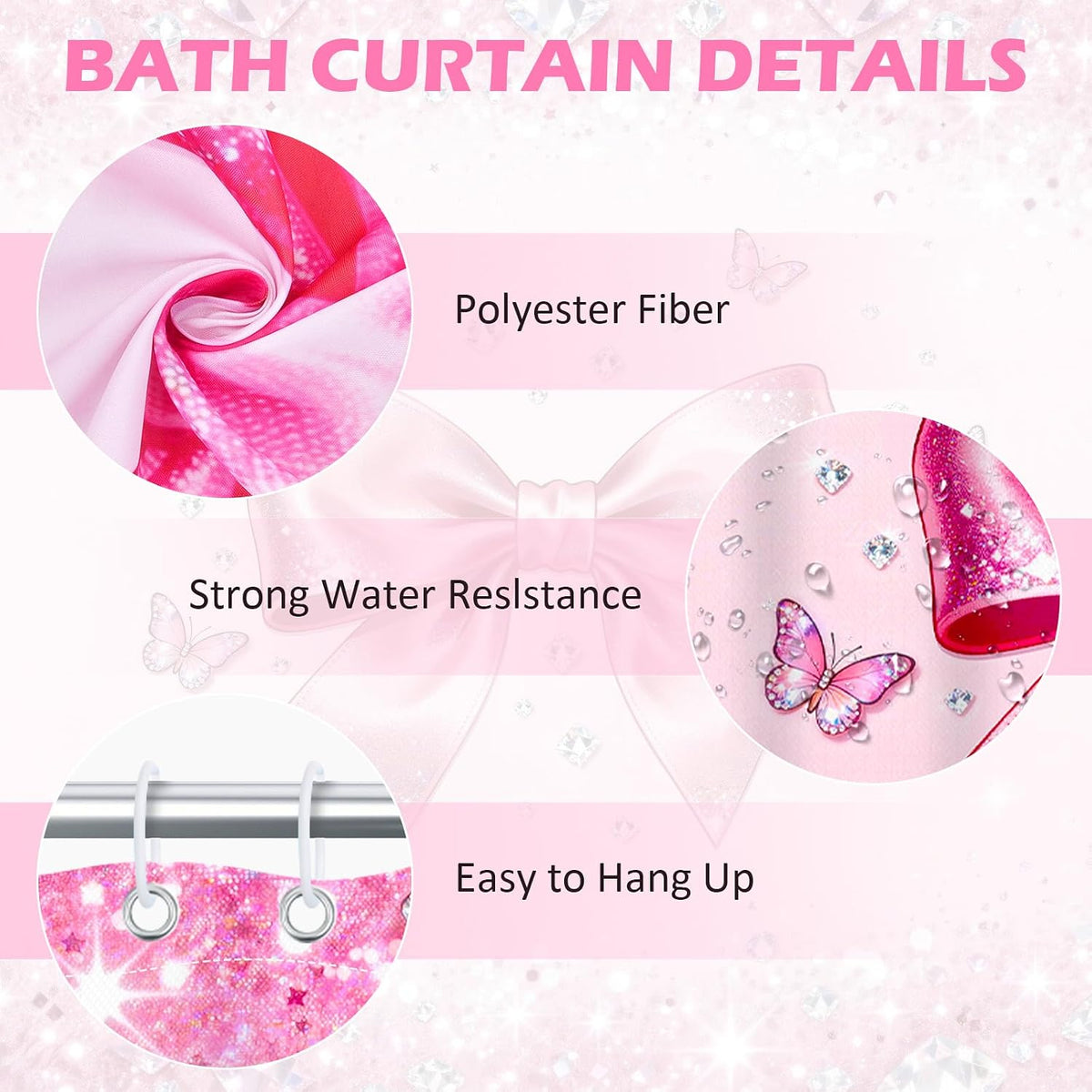4Pcs Pink Bow Shower Curtain Sets, Bathroom Sets with Shower Curtain, Non-Slip Rugs, Toilet Lid Cover and Bath Mat, Pink Glitter Diamond Shower Curtain with 12 Hooks for Bathroom Set Decor