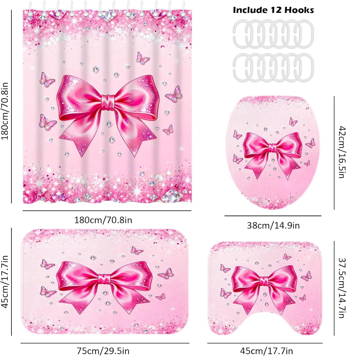 4Pcs Pink Bow Shower Curtain Sets, Bathroom Sets with Shower Curtain, Non-Slip Rugs, Toilet Lid Cover and Bath Mat, Pink Glitter Diamond Shower Curtain with 12 Hooks for Bathroom Set Decor